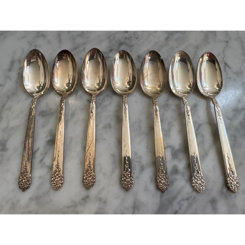 National Silver Co Moss Rose King Edward Silverplate Teaspoons 1949 Set of 7